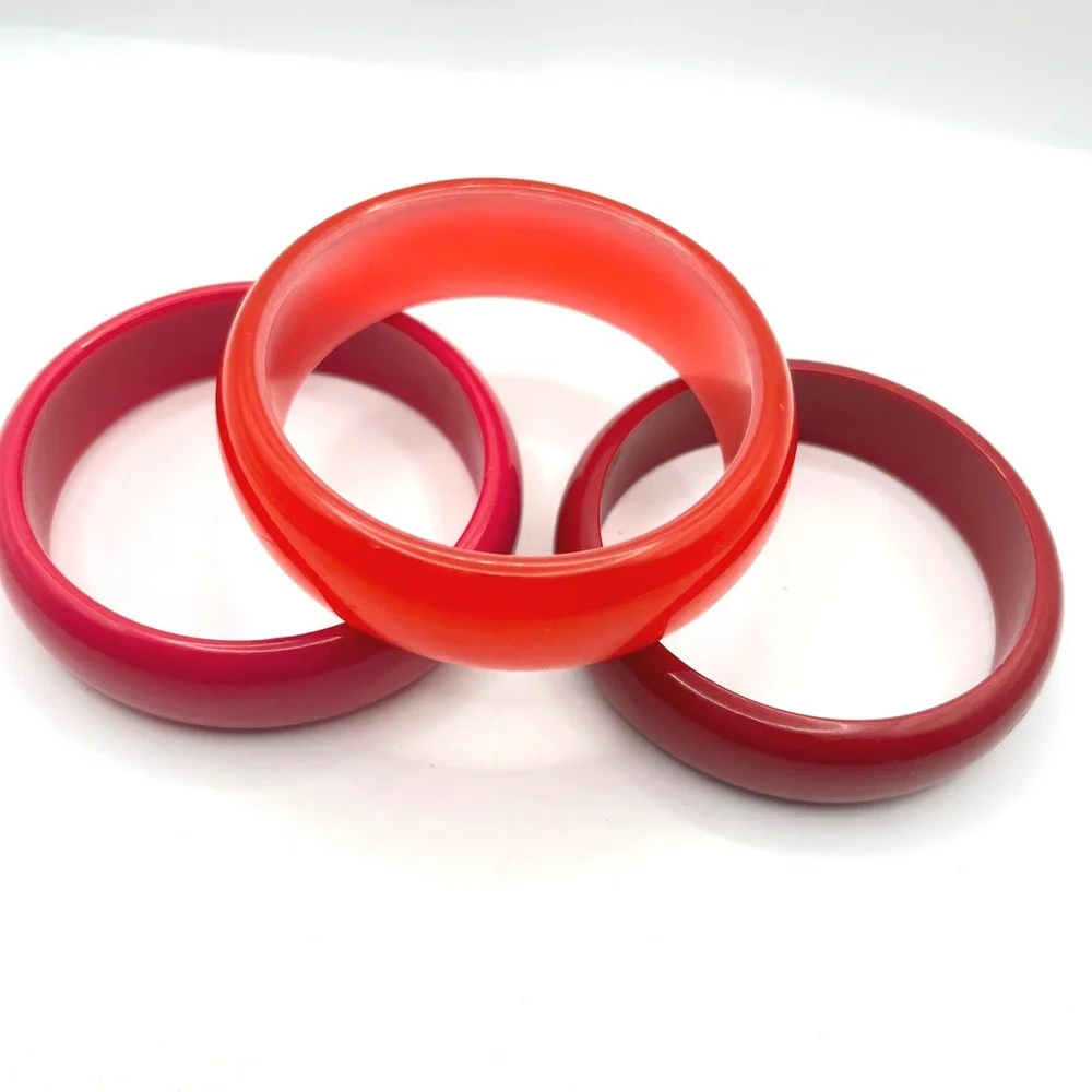 Set of 3 Red Chunky Dome Bangle Bracelets Resin Acrylic Stackable Retro Style